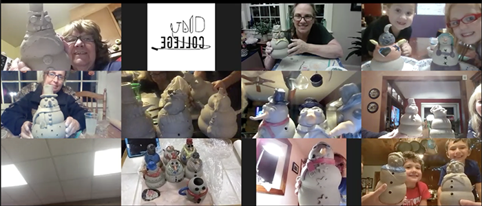 Instructor on a Zoom call demonstrating how to make a pottery snowman